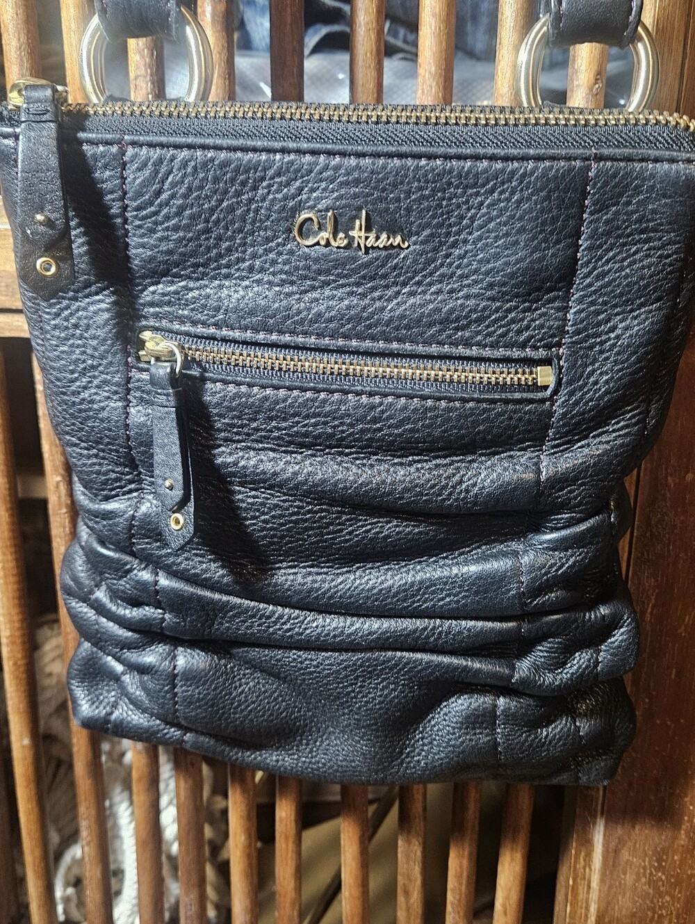 Cole Haan Black Pebbled Leather Shoulder Bag with Gold Hardware
